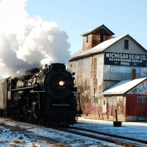 The Pere Marquette 1225 thundering past Michigan Bean Co.