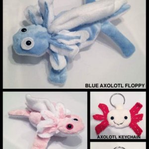 Axolotl beanie prototypes and WIPS. My little cousin claimed the blue one hah. Also a keychain idea and a sea butterfly