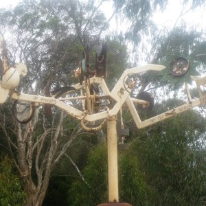 A bizzare weathervane.  "I Love a Sunburnt Country" verses are inscribed on the vane arms.