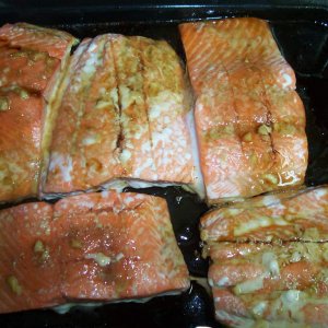 partially baked salmon with glaze and white fat