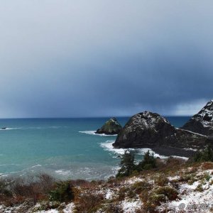 Snowy rocks on the Oregon Coast