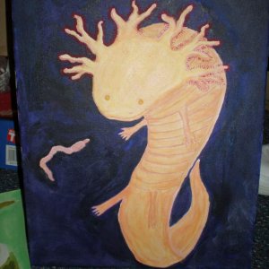 my work in progress, supposed to be a golden albino Axolotl contemplating a worm.