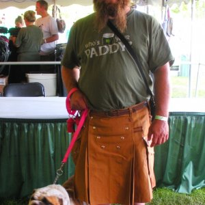 I kilted this gent, who came back later to show me how his new kilt matched his English Bulldog, Sheila. She was adorable, and he was a perfect custom