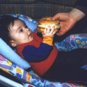 Navarre (2 mos old) and BK Whopper Nov 1994 .  Included this pic 'cause I think it is hilarious - to me anyway.