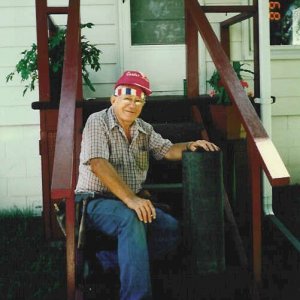 1989 08 21 Grandpa taking a break from Roofing the Garage.  Gramps at 71 yrs old and still roofing!  He worked hard and did lots of gratis work for th