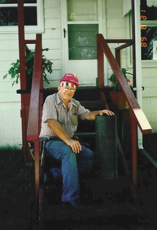 1989 08 21 Grandpa taking a break from Roofing the Garage.  Gramps at 71 yrs old and still roofing!  He worked hard and did lots of gratis work for th