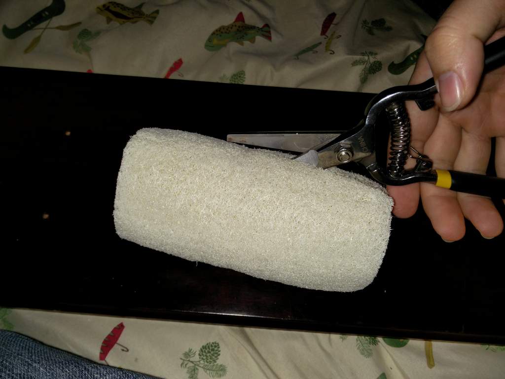 I cut out a section of loofah so that it would fit under the filter