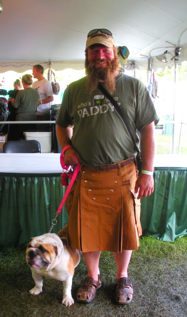 I kilted this gent, who came back later to show me how his new kilt matched his English Bulldog, Sheila. She was adorable, and he was a perfect custom