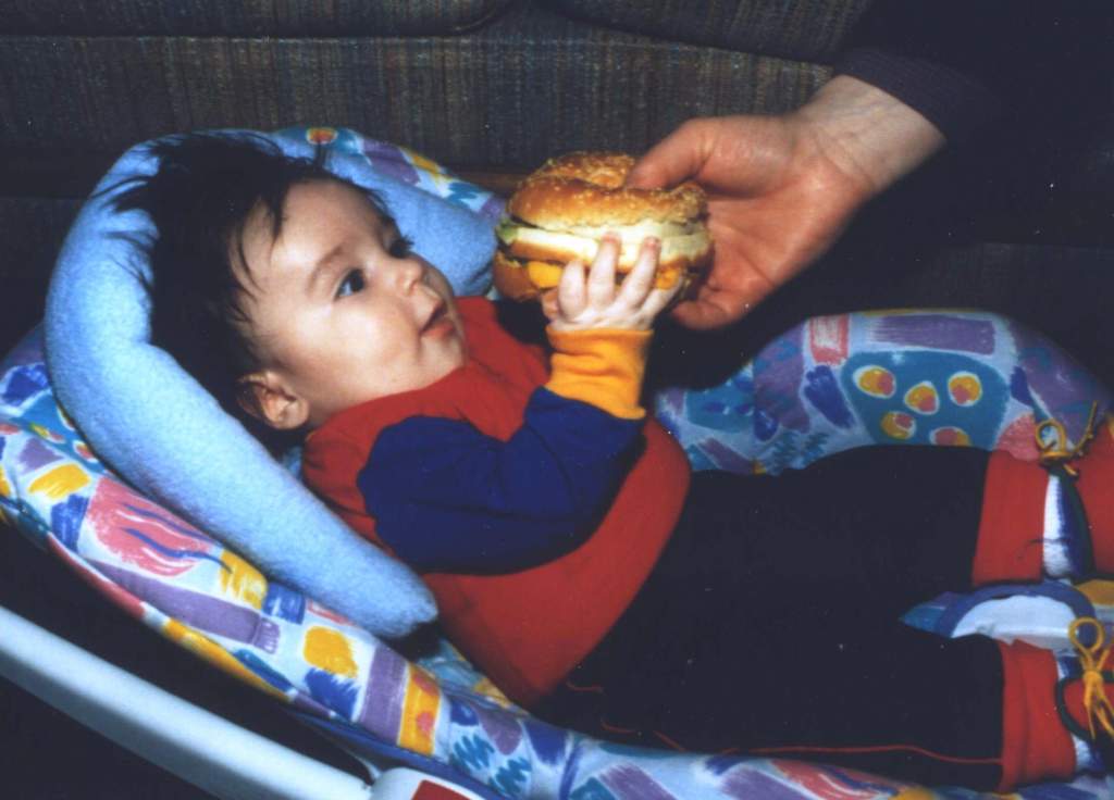 Navarre (2 mos old) and BK Whopper Nov 1994 .  Included this pic 'cause I think it is hilarious - to me anyway.