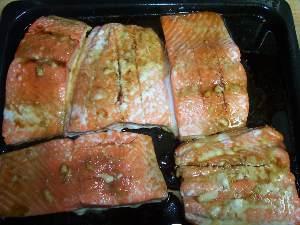 partially baked salmon with glaze and white fat