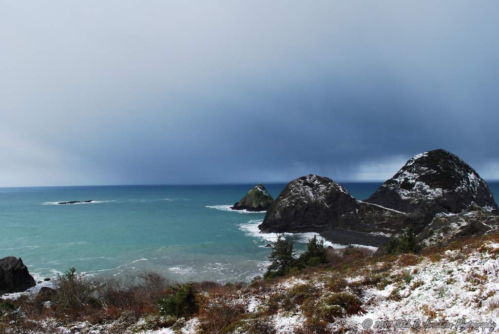 Snowy rocks on the Oregon Coast