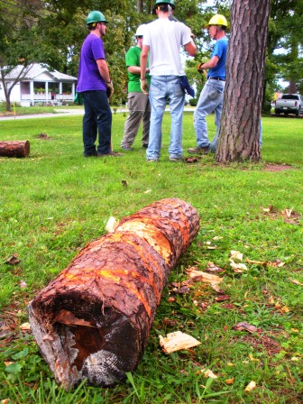 Teaching volunteers how to use an axe